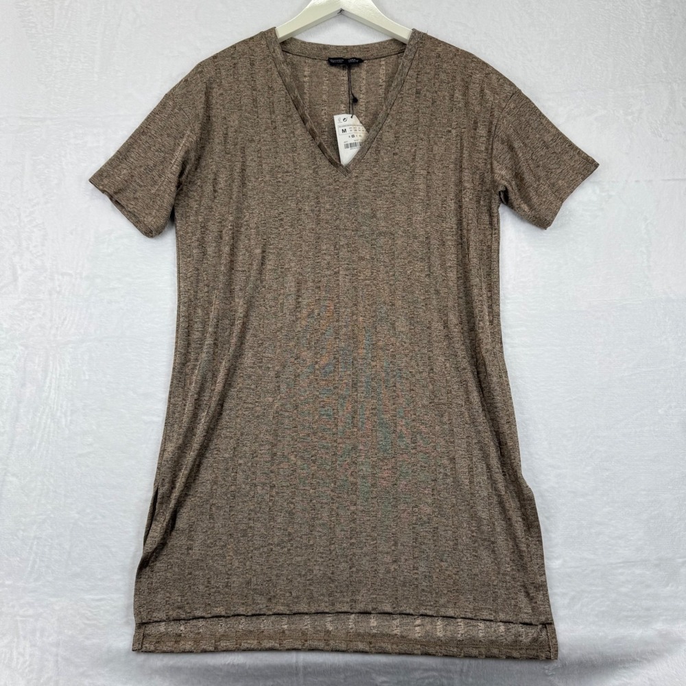 Zara Women M Ribbed V Neck Short‎ Sleeve Casual Dress Brown Collection B